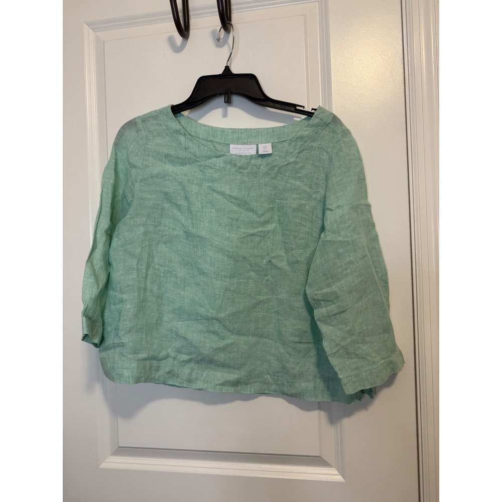 Martha Stewart Linen Top Womens Small Green Excellent 100% Linen Blouse
